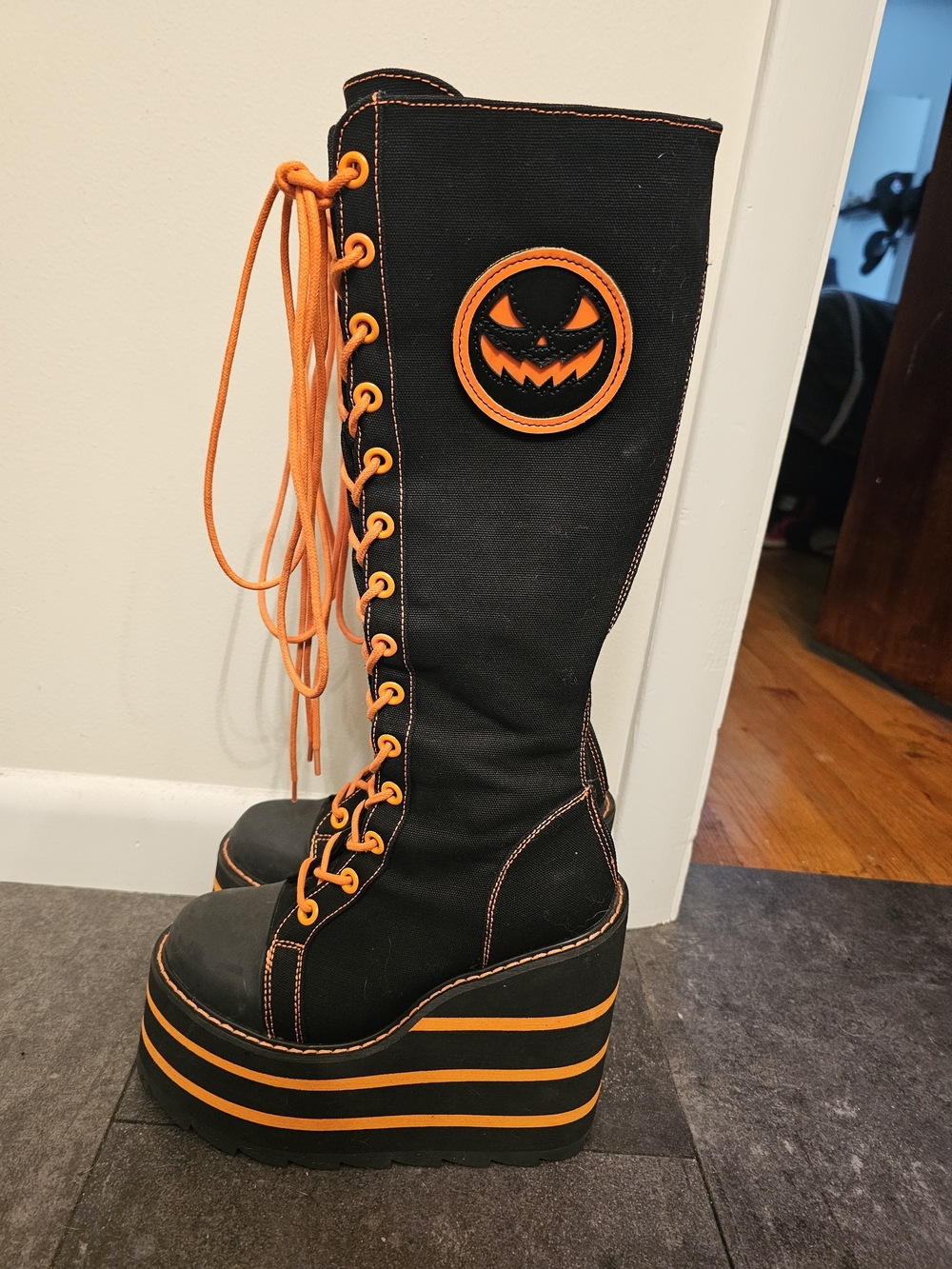 YRU Black and Orange Platform Lace-Up Boots with Jack-O'-Lantern Patch